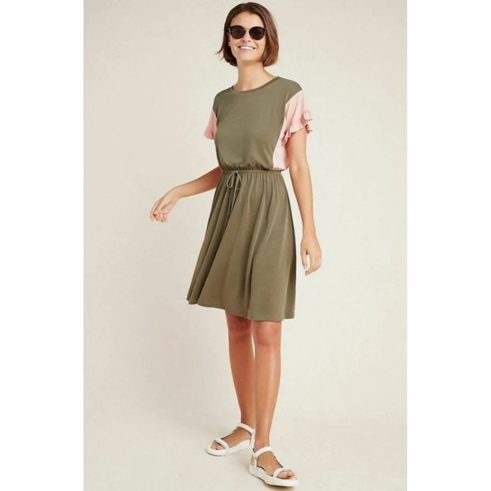 NWT Anthropologie COA Size SMALL Dress Women's Pink Olive Green‎ Ruffle Sleeve